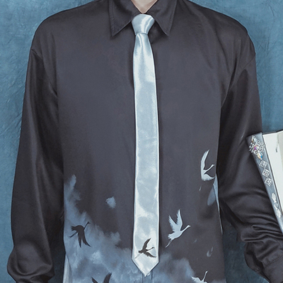 taobao agent Original ink and ink Chinese style ancient style fairy temperament Lingxiao crane fairy crane printing simulation silk casual personality black tie