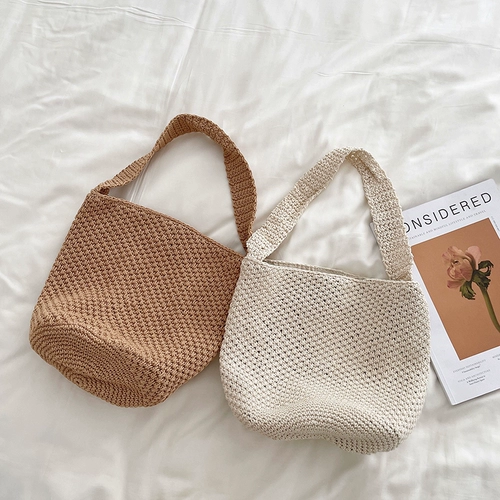 Брендовая демисезонная плетеная вместительная и большая сумка на одно плечо, трикотажная льняная сумка, в корейском стиле