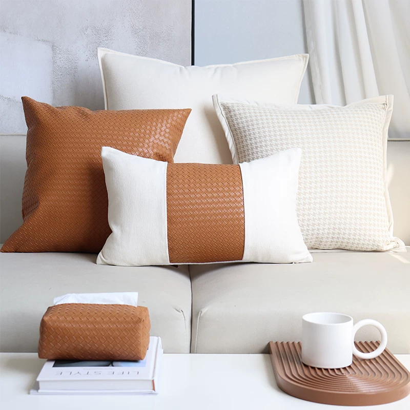 Modern and minimalistic pillow, woven tape, sofa for side table