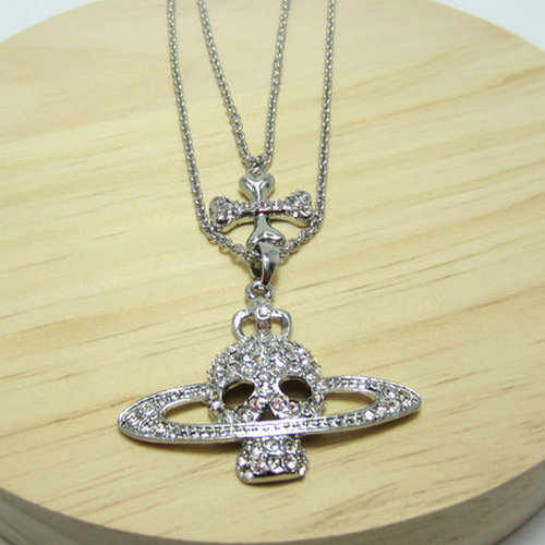 European and American fashion cross full diamond ghost head Saturn necklace-B8108
