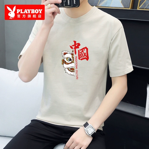 Playboy, летняя хлопковая мужская универсальная футболка с коротким рукавом, круглый воротник, облегающий крой