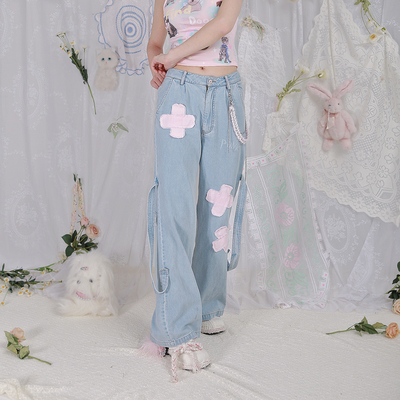 taobao agent [Go to Rose Island] Washing light -colored denim holes and grinding trousers wide -footed pants