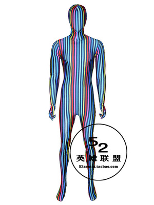 taobao agent Exclusive design striped all -inclusive tight body jacket elastic printing color bar Zentai tights customized free shipping
