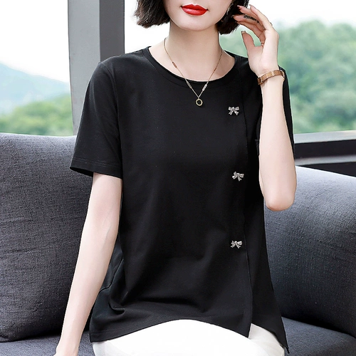 Летняя черная футболка с коротким рукавом, хлопковая летняя одежда для матери, короткий рукав, большой размер