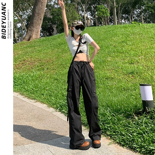 Ретро черные цветные тонкие брендовые штаны, высокая талия, на шнурках, оверсайз