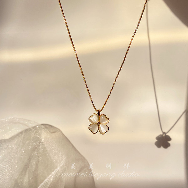 Ретро элегантная подвеска, цепочка до ключиц, французский ретро стиль, изысканный стиль, четырехлистный клевер, кошачий глаз