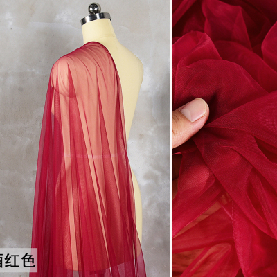 taobao agent Burgundy ultra thin silky gauze, dress, design pleated skirt