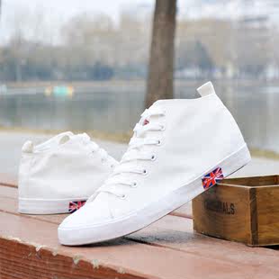 Cloth breathable footwear, high white shoes, sneakers for leisure for beloved English style, Korean style, British style
