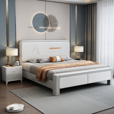 Кровать из массива дерева 北欧实木床1.8米主卧白色双人床北欧1.5米轻奢床高箱现代简约婚床