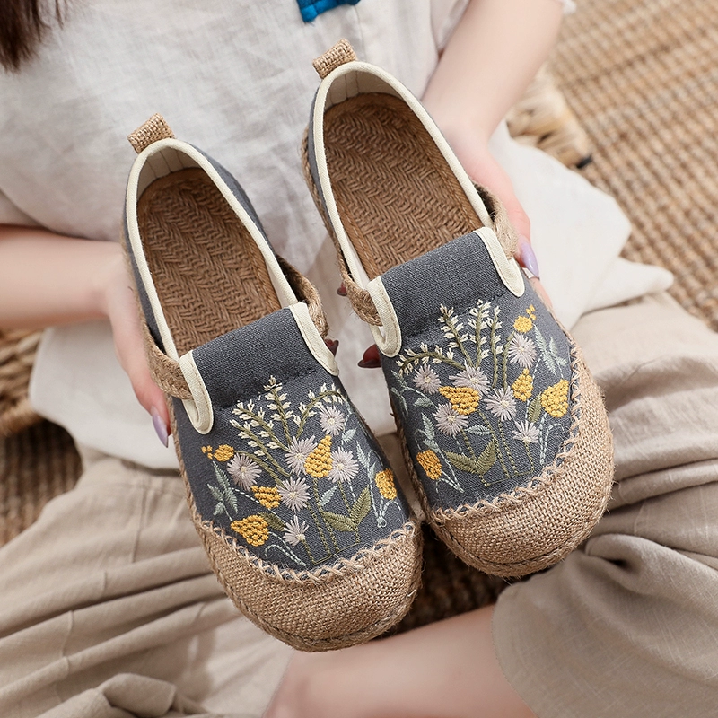 レディーススリッポン 花柄刺繍麻底編み込みぺたんこ靴