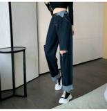 Демисезонные джинсы, штаны, свободный прямой крой, высокая талия
