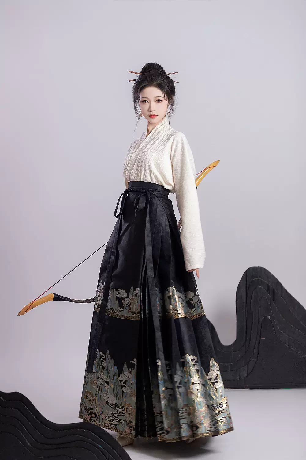 滄笙歌 黒金色ロングスカート 馬面裙 明製漢服 中国伝統衣装 織錦 
