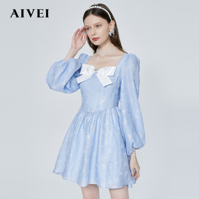 taobao agent AIVEI Xinhe Aiwei 2023 Spring New Fang Bow High -waist Bubble Saton Dress P0160082