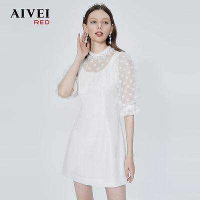 taobao agent AIVEI Congratulate Ivy 2023 Spring New Flower Embroidered Mesh Splicing Receive Waist Commuter Dress P0160106