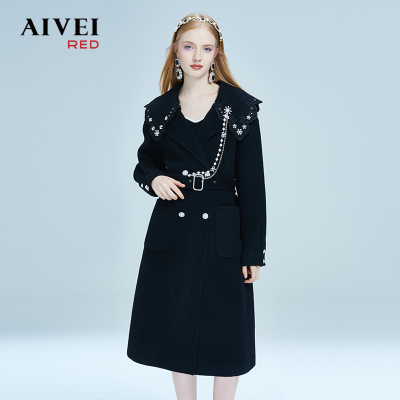 taobao agent AIVEI Xinhe Ai Wei 2022 Winter New Product Power Beads Beads lapel long double -sided woolen coat P0660039