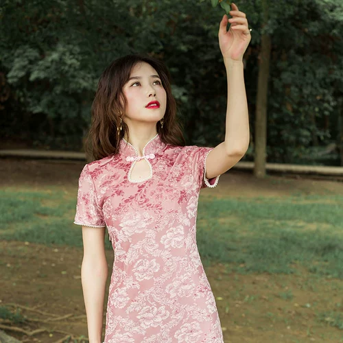 Розовое бархатное элегантное легкое ципао, платье, китайский стиль