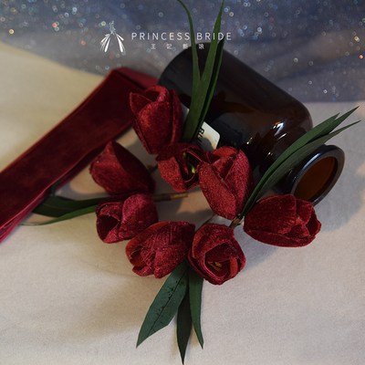 taobao agent Velvet wedding ring, hair accessory, jewelry, red set, evening dress, flowered