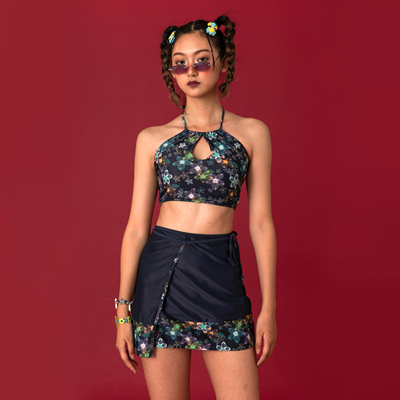 taobao agent Eyeellike eye concealment of homemade printing Y2K retro line flowers and color Tibetan blue split sidewalk swimwear apron