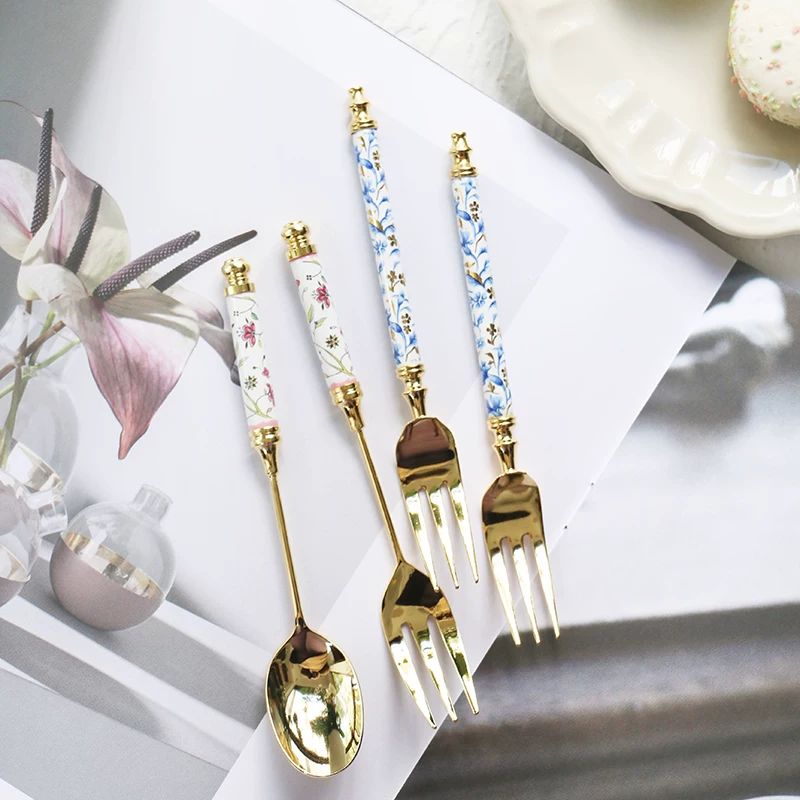 MY Home - Japan Elfin Gaosang Метал English Country Floral Ceramic Handle Coffee Spoon/Cake Fork