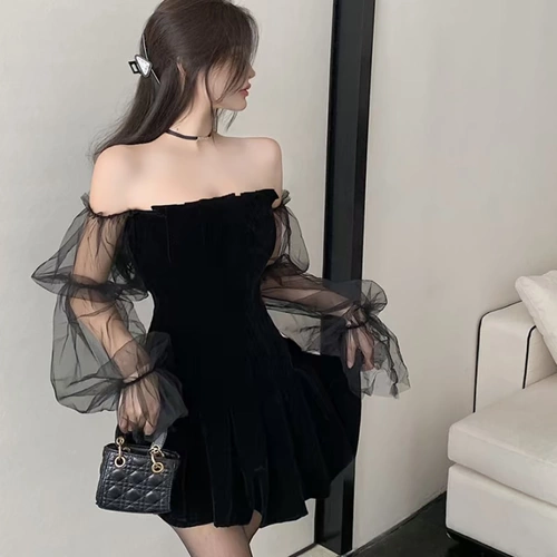 Ретро бархатное вечернее платье, французский стиль, рукава фонарики