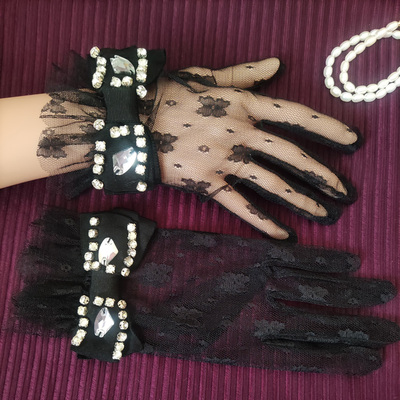 taobao agent Retro labels lace gloves female bow cord gem inlaid temperament court elegant accessories banquet performance