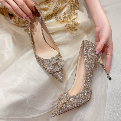 taobao agent Wedding shoes, footwear for bride, nail sequins pointy toe high heels, 2023 collection, new collection