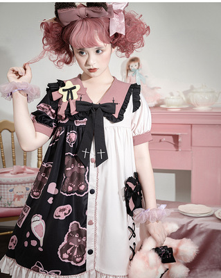 taobao agent [Xingchen Garden] Original genuine pounding berry bear OP short -sleeved cute daily printed girl Lolita dress