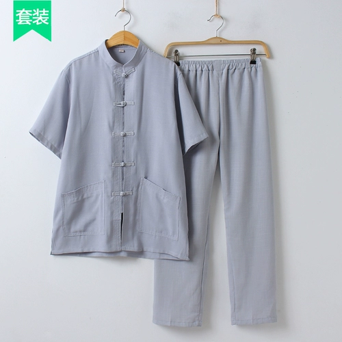 Летний комплект для мальчиков для пожилых людей, летняя одежда, из хлопка и льна, короткий рукав, китайский стиль