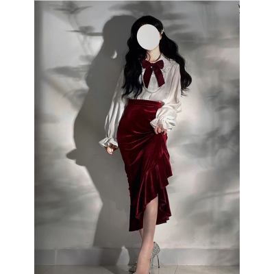 taobao agent Elegant burgundy velvet dress, set, Lolita style, long sleeve, fish tail