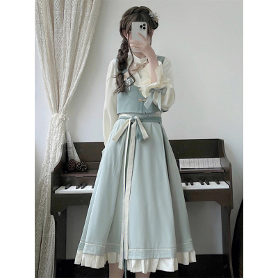 taobao agent Hanfu, uniform, set, top, vest, spring autumn pleated skirt, Chinese style, three piece suit