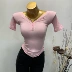 Quần áo nữ bán chạy của Hàn Quốc đi kèm với bột đào mỏng gợi cảm bó sát ngực áo thun ren ngắn hàng đầu mùa hè 2020 - Áo phông Áo phông