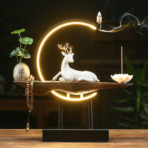 灯圈白瓷小鹿创意倒流香炉 中式禅意家居摆件 客厅玄关装饰熏香炉