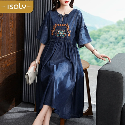 Летняя этническая длинная юбка, тонкое джинсовое длинное платье, этнический стиль, с вышивкой, короткий рукав, свободный крой