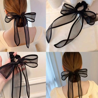 taobao agent Black bow rope hair rope net yarn large intestine hair rod tie hair rope rope elegant rubber band hair jewelry female summer