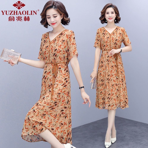 Летняя одежда для матери, платье с коротким рукавом, юбка, для среднего возраста, цветочный принт, по фигуре, в западном стиле, 40 лет