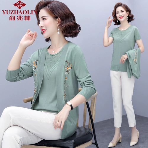 Осенняя куртка для пожилых людей для матери, тонкий кардиган, комплект, для среднего возраста, 40 лет