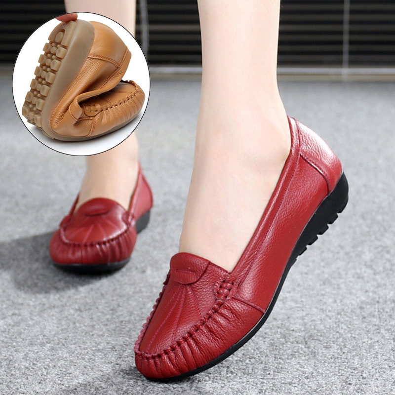 春秋真皮妈妈鞋舒适防滑女式单鞋女软底豆豆鞋红色中老年平底皮鞋,女鞋,淘宝优惠券,粉丝福利购,淘宝优惠卷