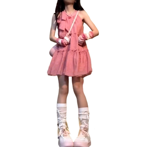 Розовое летнее платье, милая мини-юбка, подходит для подростков, французский стиль