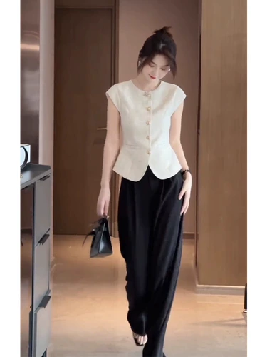 Модный белый жилет, штаны, летний комплект, яркий броский стиль, в западном стиле, по фигуре, в стиле Шанель