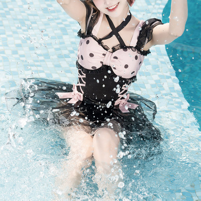 taobao agent Plush original heart -hearted moment black powder wave dot conjoined small breast bow atmosphere, swimsuit cute girl