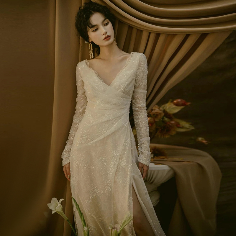 Retro elite cocktail wedding dress, long sleeve, backless