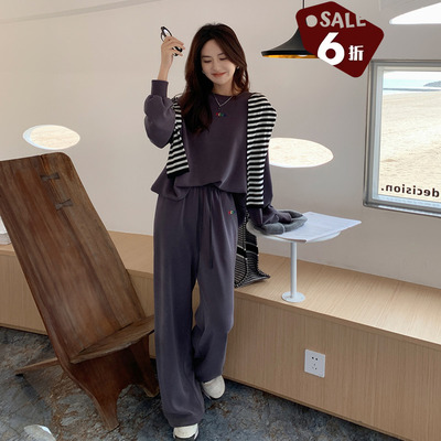 taobao agent [60 % off clearance] Xia Shiwen Salt Salt Girl Air Layer Embroidery Sweatshin/Wide -Legged Pants Spring Set
