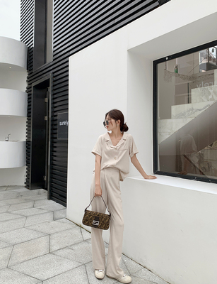 taobao agent Xia Shiwen customized two -piece suit two -piece thin suit collar shirt female summer temperament casual mop wide leg pants