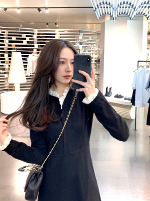 taobao agent Woolen elastic knitted winter knitted dress, fitted brace, long skirt, V-neckline, high collar, mid-length