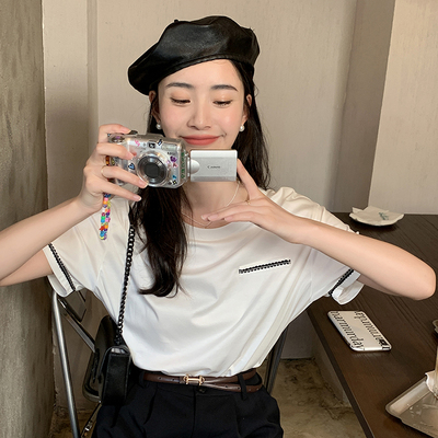 taobao agent Woven design jacket, bra top, white T-shirt, round collar, with short sleeve