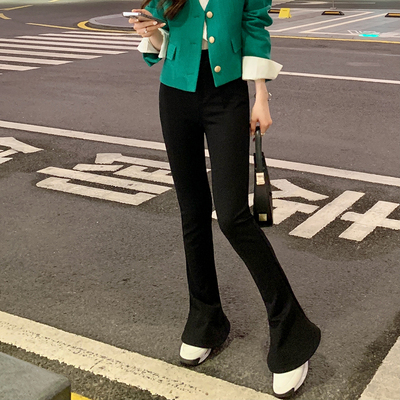 taobao agent [70 % off clearance] Xia Shiwen long -legged horseshoe pants niche casual pants black female spring flared pants