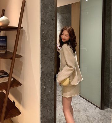 taobao agent Woolen double-sided autumn jacket, mini-skirt, set