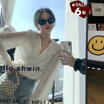 taobao agent [60 % off clearing positions] Xia Shiwen Lanwen Lancao Lotus Leaf Lighting Lantern sleeve chiffon shirt female spring French -style French shirt