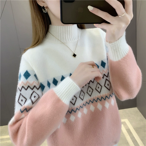 Демисезонный бархатный приятный телу свитер, высокий воротник, оверсайз, в западном стиле