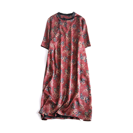 薯莨绸桑蚕丝真丝香云纱连衣裙 暗红碎花宽松文艺女夏 长款裙子